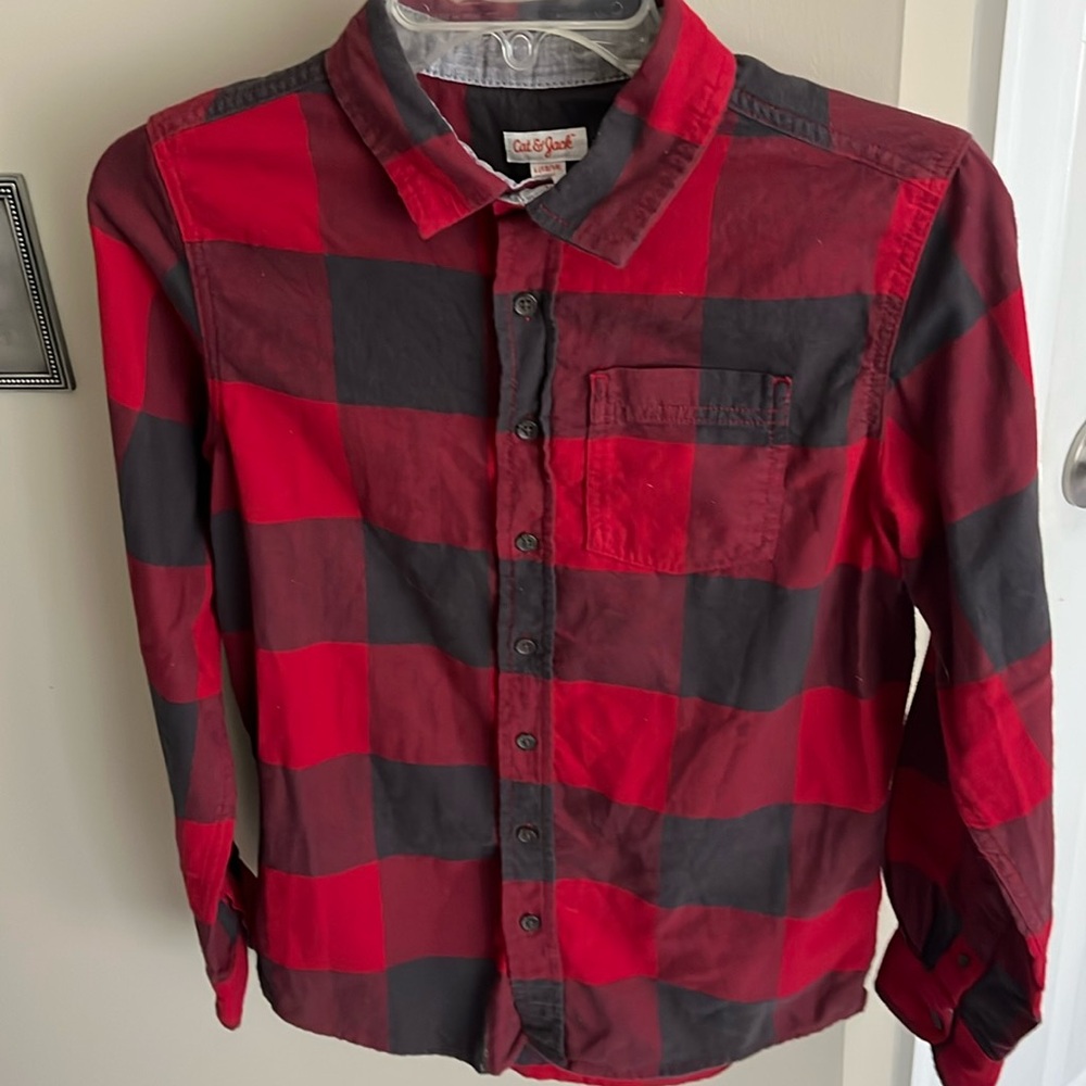 Boys Cat and Jack brand Red,  burgundy and black flannel shirt.   Size 12-14